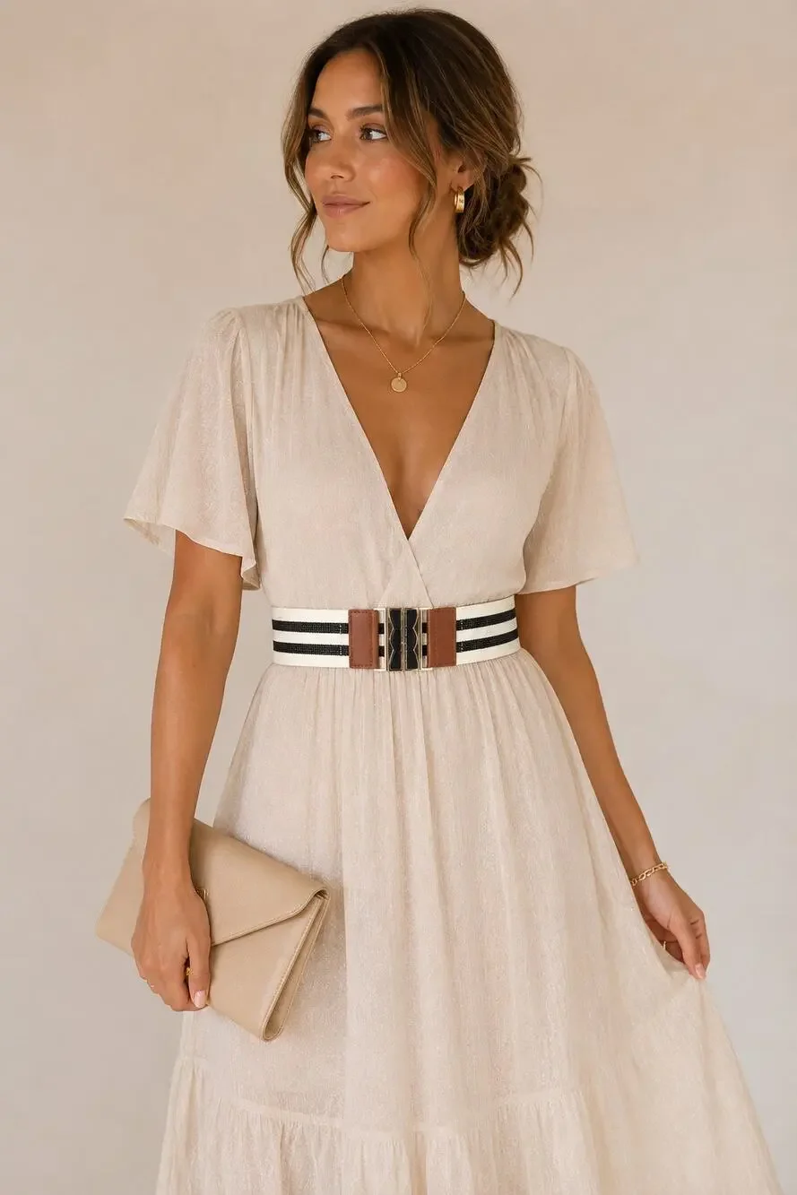 Coastal Stretch Waist Cincher Belt Gold Buckle Striped Small Luxury Wedding
